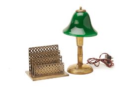 A BRASS LETTER RACK AND A BANKER STYLE TABLE LAMP