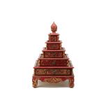 A PERANAKAN CARVED RED & GILT FIVE-TIERED BOX