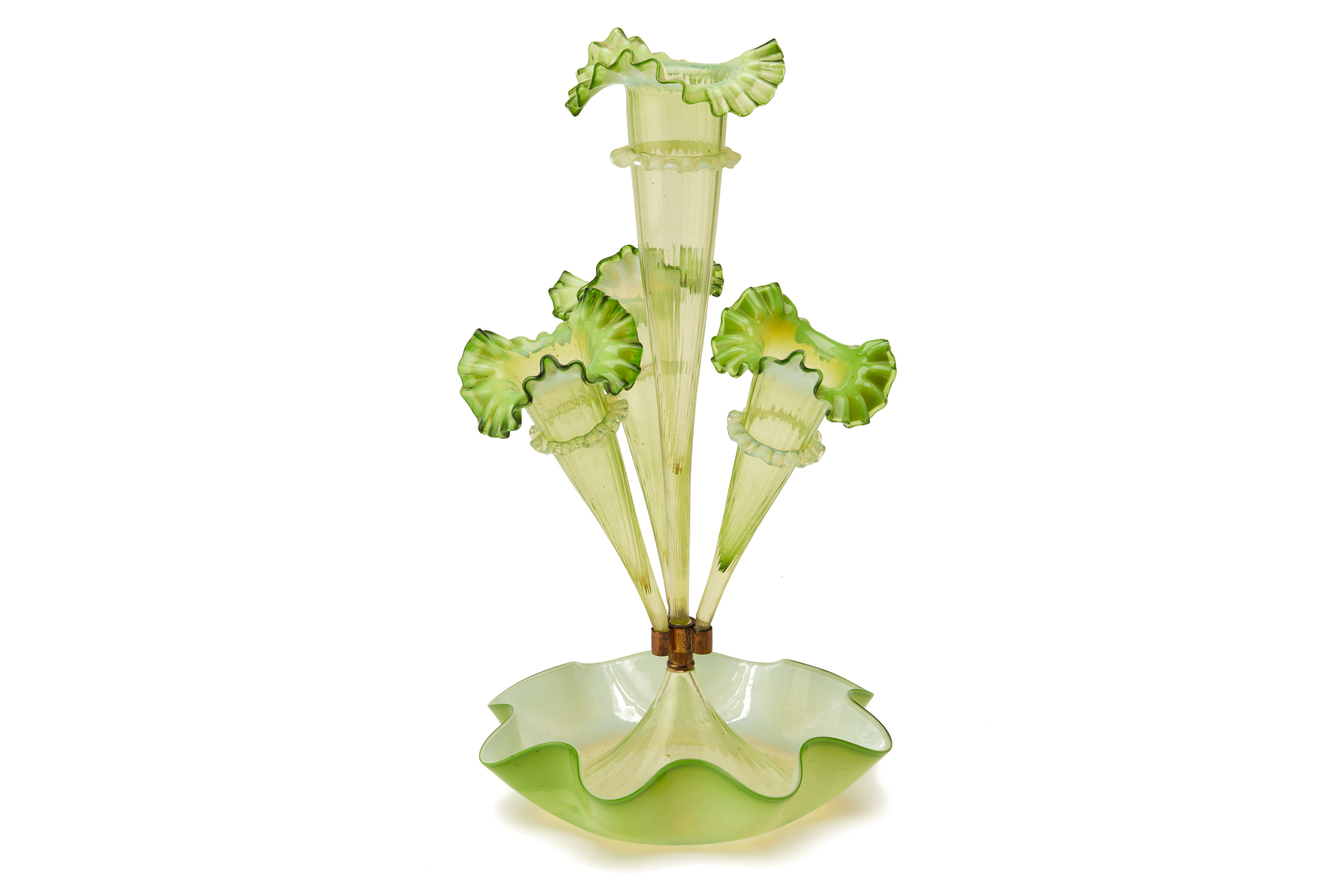 A LIME GREEN VASELINE GLASS EPERGNE