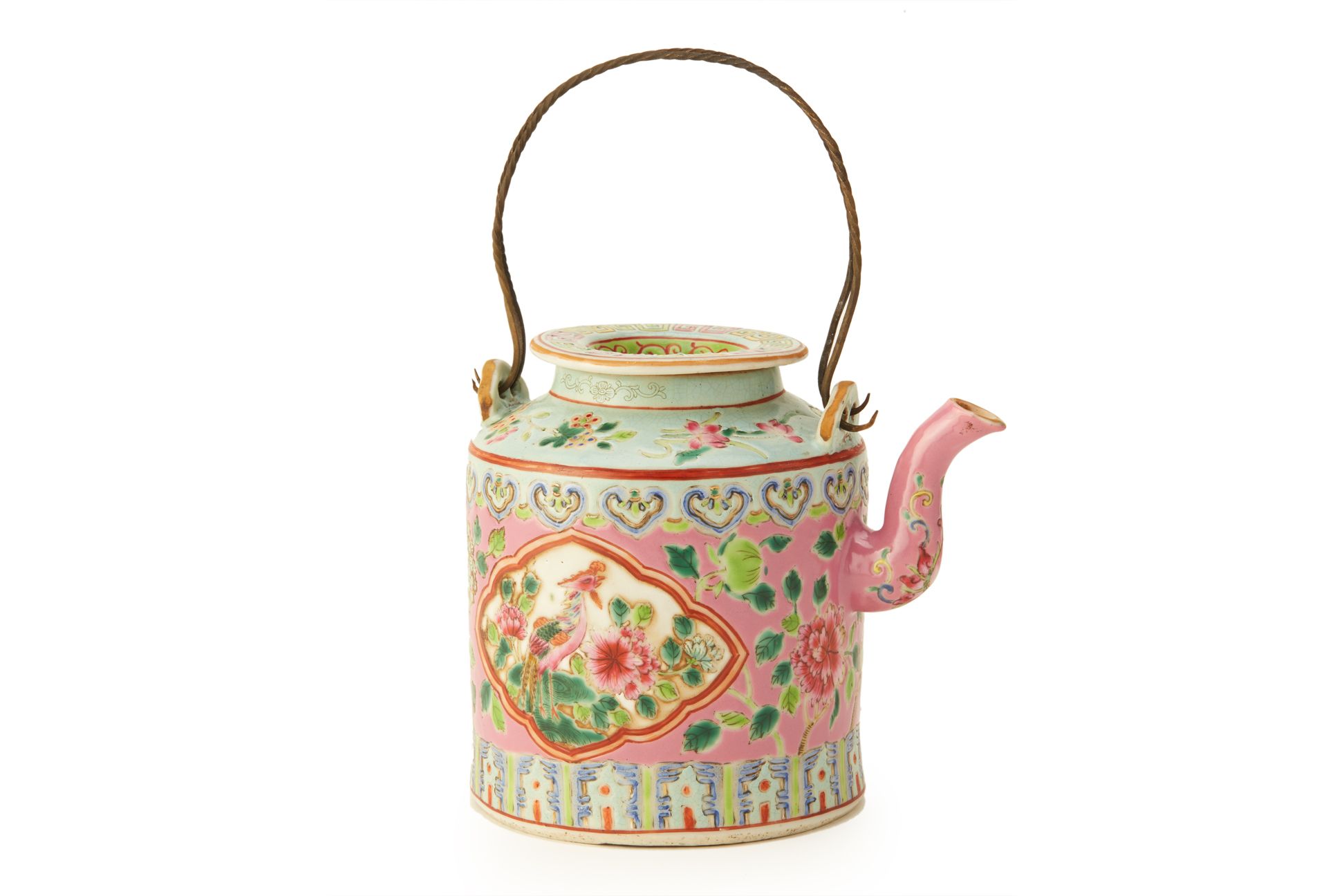 A PERANAKAN PINK GROUND AND WHITE PANEL CYLINDRICAL TEAPOT - Image 2 of 5