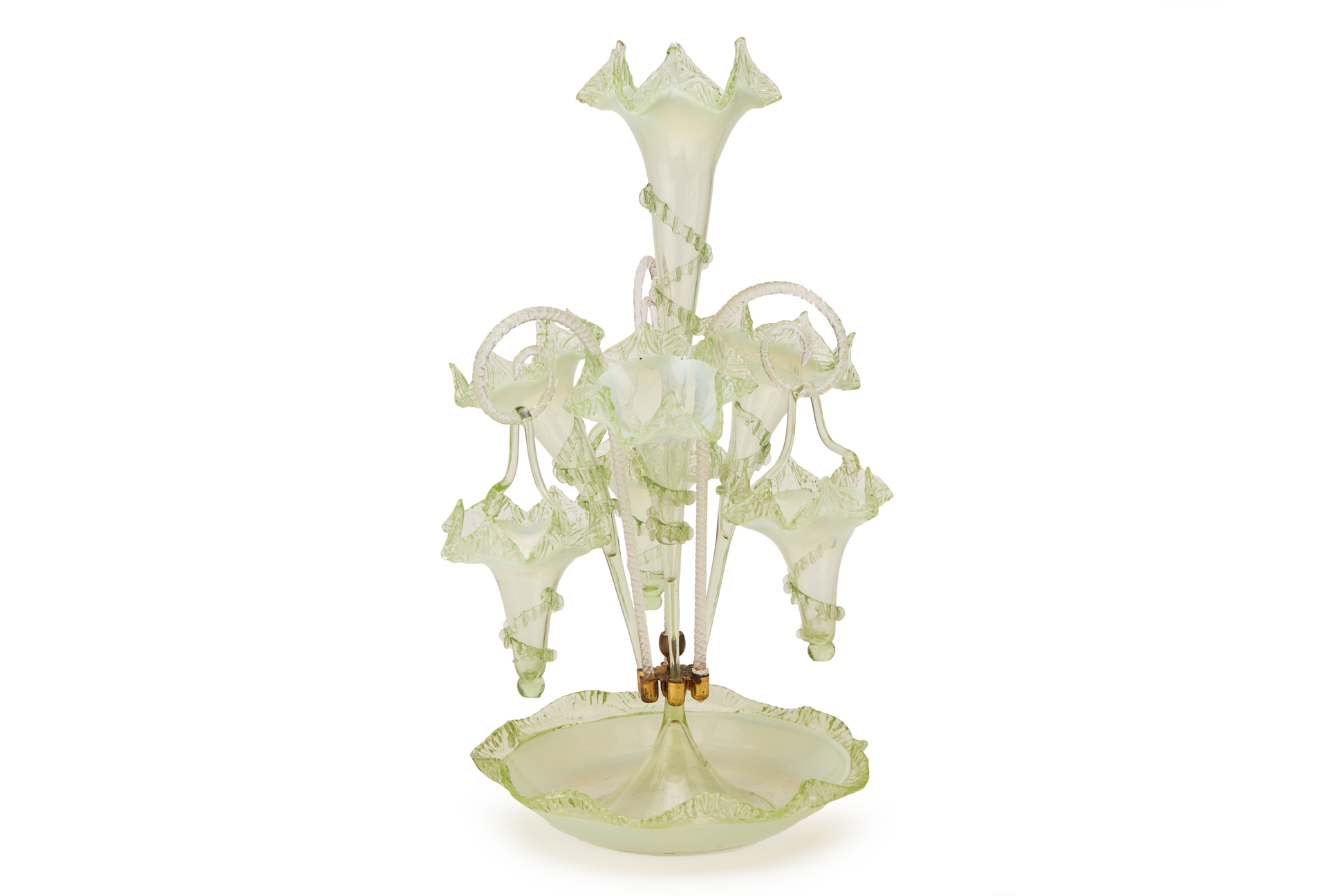 A GREEN VASELINE GLASS EPERGNE