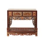 A PERANAKAN CARVED AND PARCEL GILT SIDE CABINET