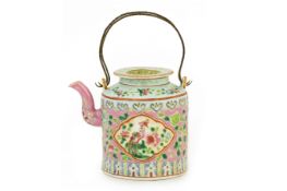 A PERANAKAN PINK GROUND AND WHITE PANEL CYLINDRICAL TEAPOT