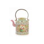 A PERANAKAN PINK GROUND AND WHITE PANEL CYLINDRICAL TEAPOT