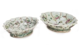 TWO SIMILAR FAMILLE ROSE FOOTED CELADON DISHES