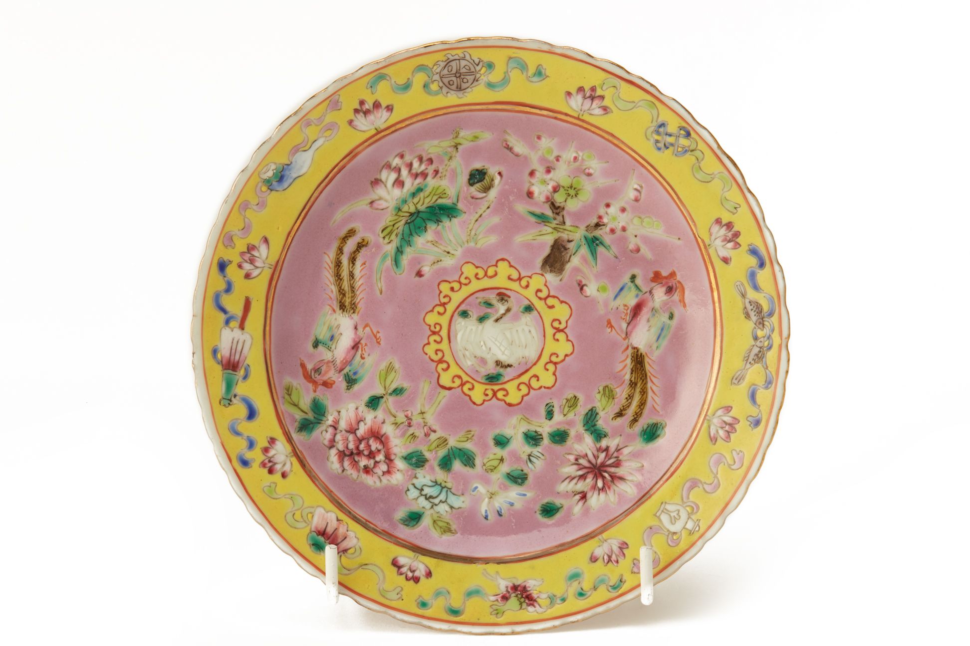 A PERANAKAN 'IN-AND-OUT' ENAMELLED PINK-GROUND PLATE