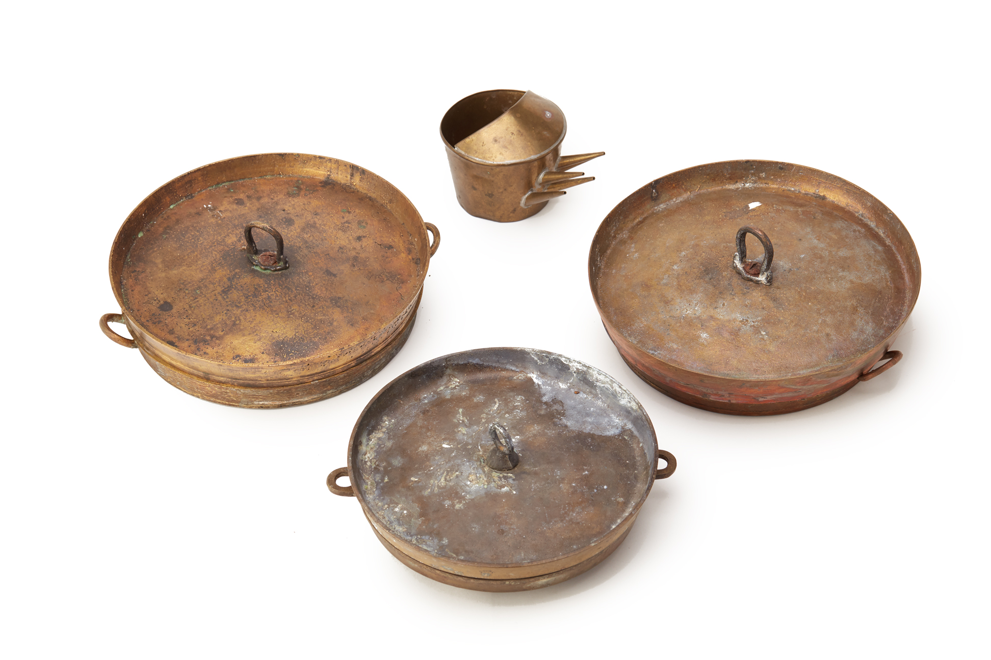 THREE BRASS 'KUEH BAULU' MOULDS