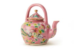 A PERANAKAN PINK-GROUND TEAPOT WITH AN ARCHED HANDLE