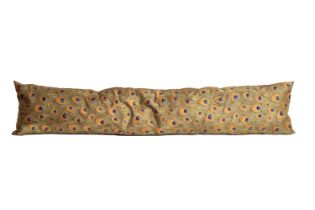 A PEACOCK FEATHER PATTERNED BOLSTER PILLOW