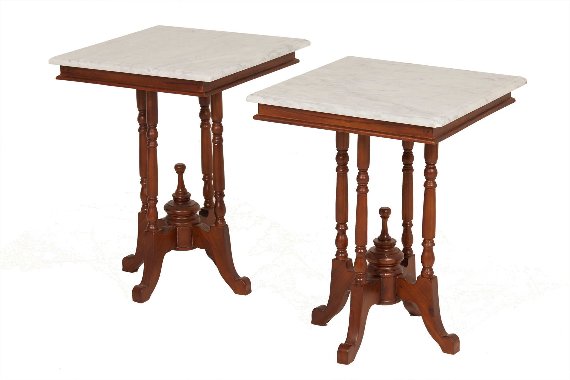 A PAIR OF MARBLE TOPPED SIDE TABLES