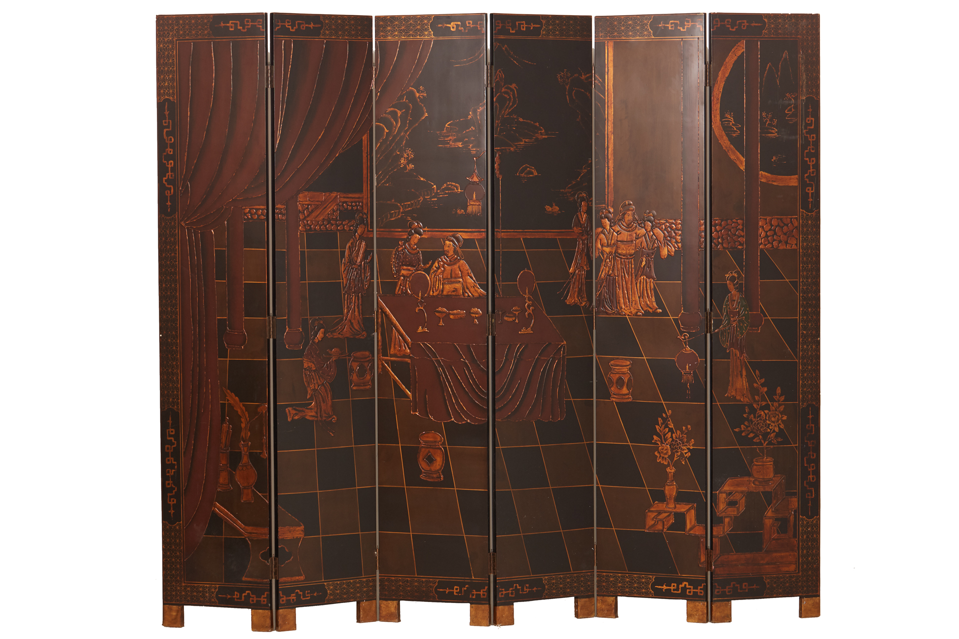 A CHINESE BLACK LACQUERED SCREEN