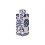 A BLUE AND WHITE SQUARE VASE AND COVER