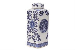 A BLUE AND WHITE SQUARE VASE AND COVER