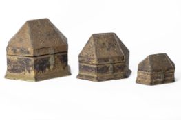 THREE CARVED HEXAGONAL CASKETS