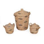 A LARGE WICKER BASKET AND TWO OTHERS