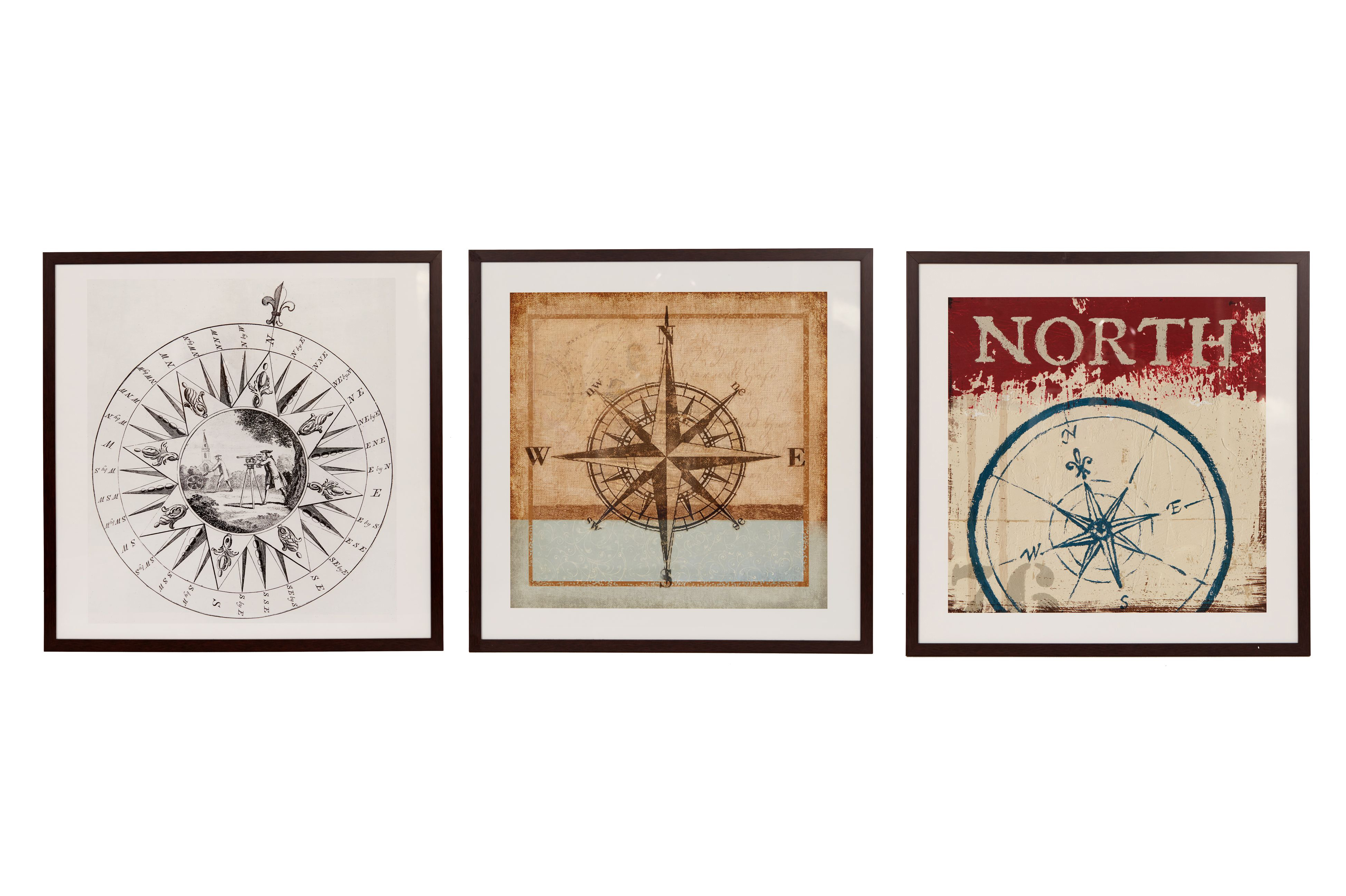 THREE FRAMED POSTERS OF COMPASSES