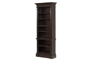 A TALL OPEN SHELVED BLACK PAINTED BOOKCASE (1 OF 2)