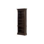 A TALL OPEN SHELVED BLACK PAINTED BOOKCASE (1 OF 2)