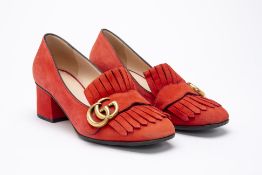 A PAIR OF GUCCI "MARMONT" SUEDE RED LOAFER HEELS EU 36.5