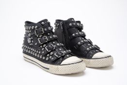 A PAIR OF ASH STUDDED BLACK LEATHER HIGH TOP SNEAKERS EU 37