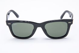 A PAIR OF RAY-BAN BLACK WAYFARER SUNGLASSES