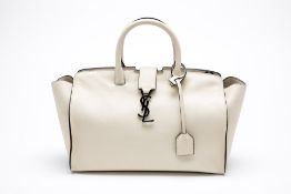 A SAINT LAURENT WHITE LEATHER CABAS HANDBAG