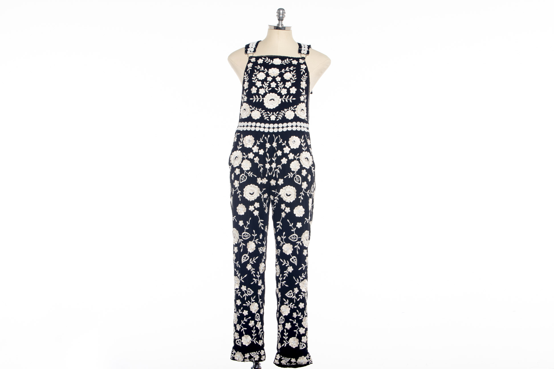 A PAIR OF NEEDLE & THREAD FLORAL EMBROIDERED DUNGAREES EU 38