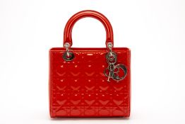 A CHRISTIAN DIOR MEDIUM LADY DIOR RED PATENT LEATHER HANDBAG