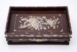 A CHINESE MOTHER OF PEARL INLAID HARDWOOD TRAY