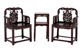 A PAIR OF CHINESE HARDWOOD CHAIRS AND SIDE TABLE