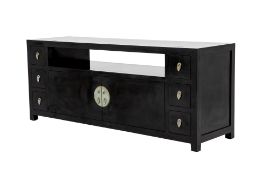 A BLACK LACQUERED TV MEDIA CABINET