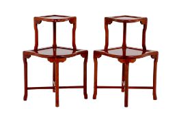 A PAIR OF ROSEWOOD TWO-TIER CORNER/ SIDE TABLES