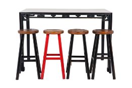 AN ORIENTAL DESIGN BAR TABLE WITH FOUR STOOLS