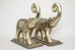 TWO DECORATIVE LARGE SILVER PAINTED ELEPHANTS