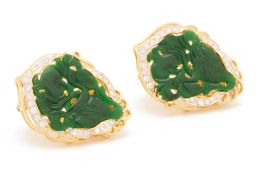 A PAIR OF CARVED JADE AND DIAMOND CLIP EARRINGS