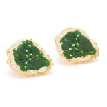 A PAIR OF CARVED JADE AND DIAMOND CLIP EARRINGS