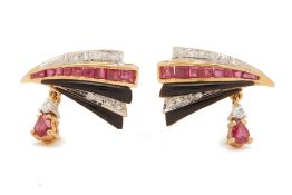 A PAIR OF RUBY, ONXY AND DIAMOND EARRINGS