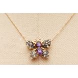 AN AMETHYST AND DIAMOND BUTTERFLY PENDANT ON CHAIN