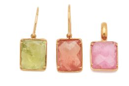 A PAIR OF TOURMALINE EARRINGS AND PENDANT