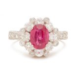 A BURMESE RUBY AND DIAMOND CLUSTER RING