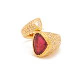 A TOURMALINE (RUBELLITE) AND DIAMOND TOI & MOI RING