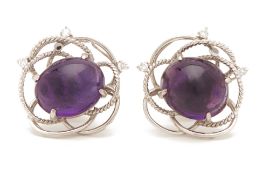 A PAIR OF CABOCHON AMETHYST AND DIAMOND EARRINGS