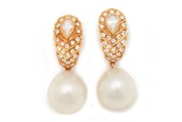 A PAIR OF SOUTH SEA PEARL AND DIAMOND DROP EARRINGS