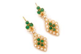 A PAIR OF CABOCHON EMERALD AND DIAMOND EARRINGS