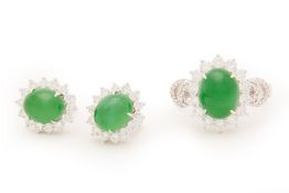 A JADE AND DIAMOND RING AND EARRINGS SET