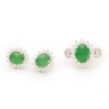 A JADE AND DIAMOND RING AND EARRINGS SET