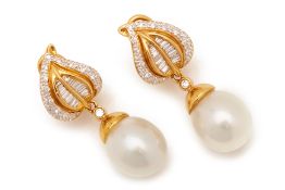 A PAIR OF SOUTH SEA PEARL AND DIAMOND DROP EARRINGS