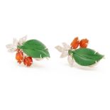 A PAIR OF JADE AND DIAMOND FOLIATE CLIP EARRINGS