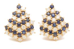 A PAIR OF BLUE SAPPHIRE AND DIAMOND EAR CLIPS