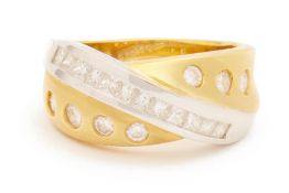 A TWO-COLOUR GOLD DIAMOND CROSSOVER RING